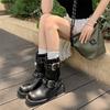 ~ Cool Girl~ Leather Square Head Medium Boots Maillard Motorcycle Boots Midheel Western Cowboy Boots Tide