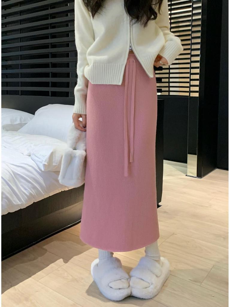 Women's High-Waist Fleece Knit Midi Skirt, Autumn/Winter 2025 Style: Thick, Loose, Drawstring, Straight Fit