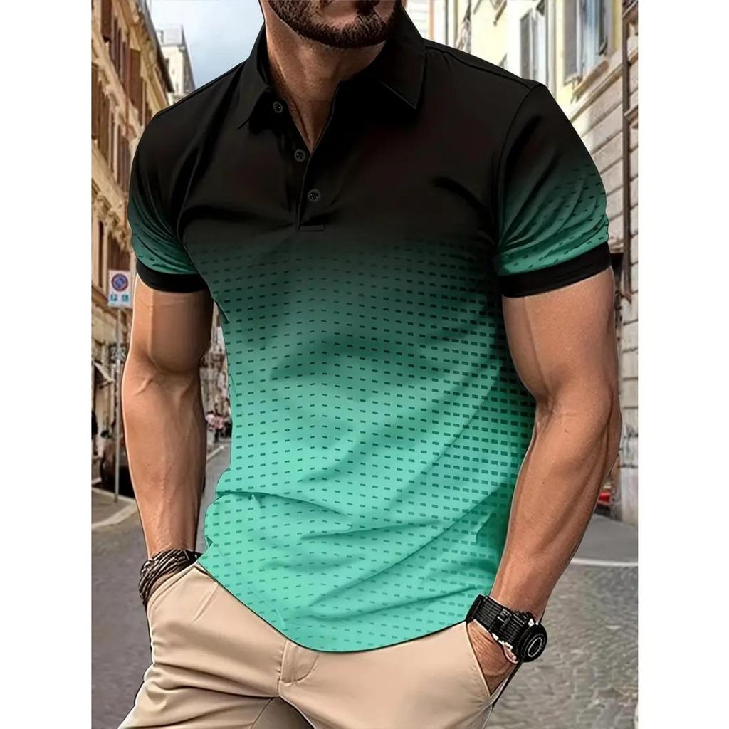 Colour Blocking Gradient Tops Daily Casual Lapel Short Sleeve Polo Shirt Man