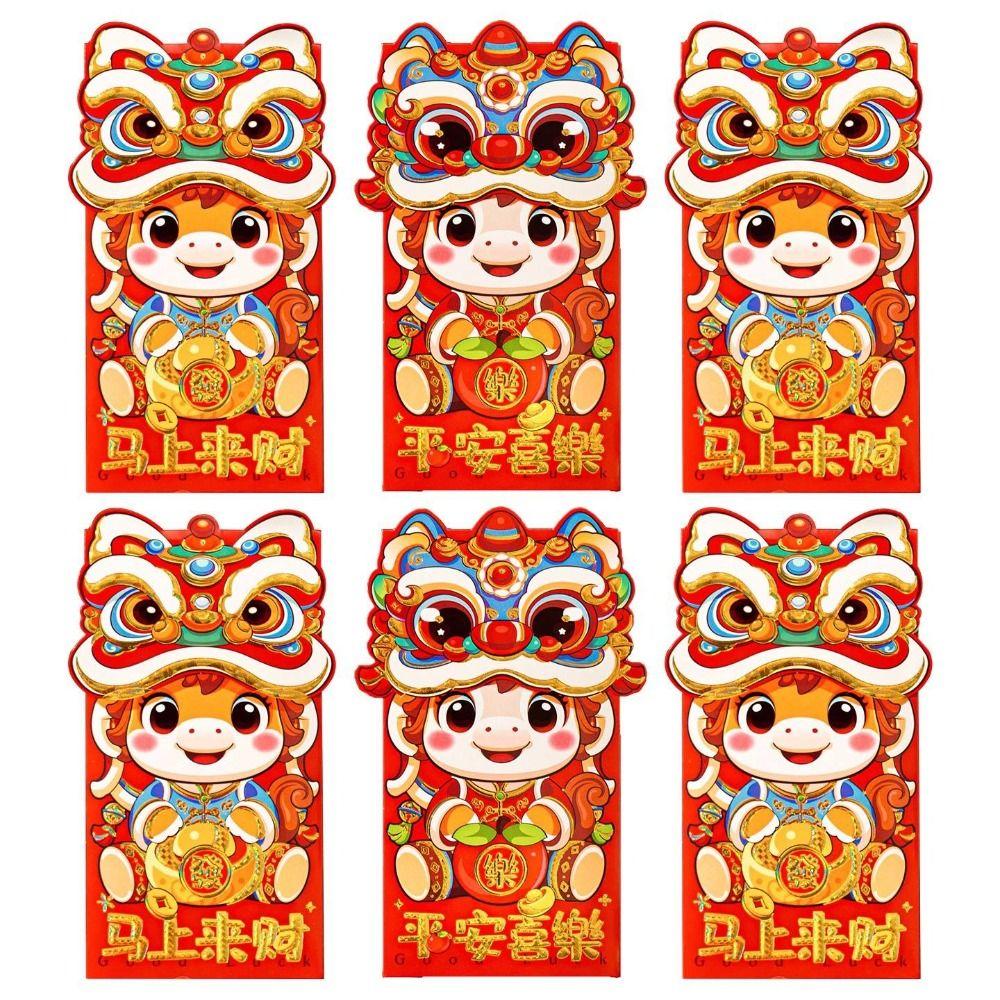 6pcs Cartoon New Year Red Envelopes Traditional 2026 Horse Year Spring Festival Red Packets Blessing Words Hongbao