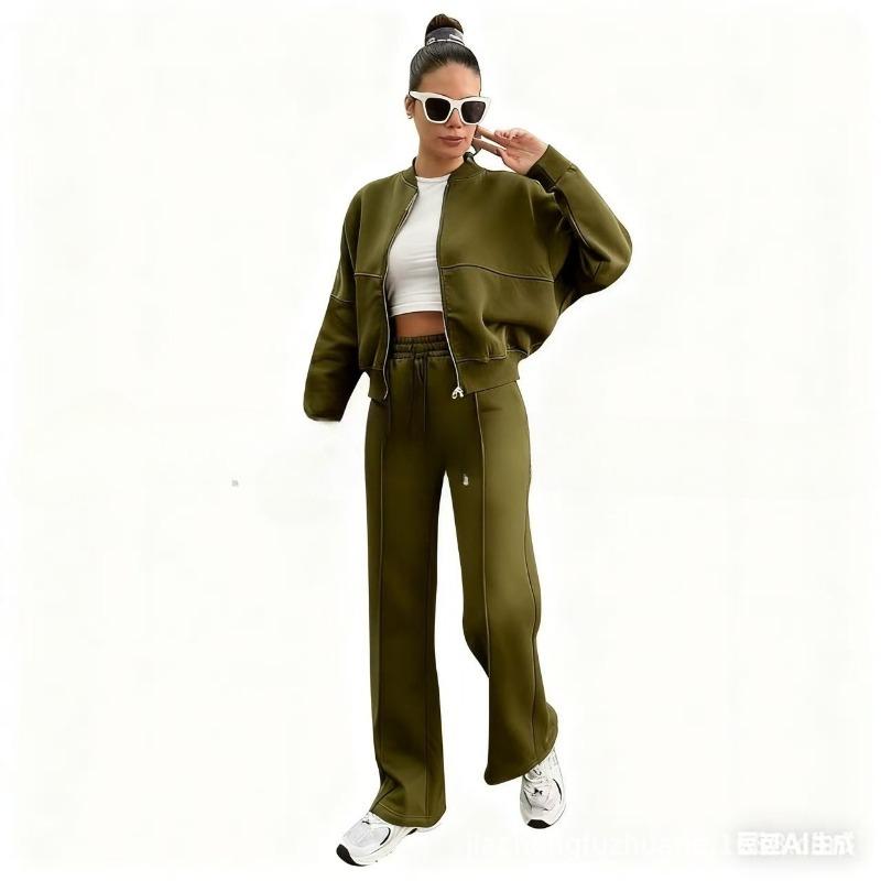 VEZFAA Pantalones de moda para mujer, informales, de primavera y otoño, con estampado de colores sólidos, de manga larga y cuello redondo, pantalones, trajes