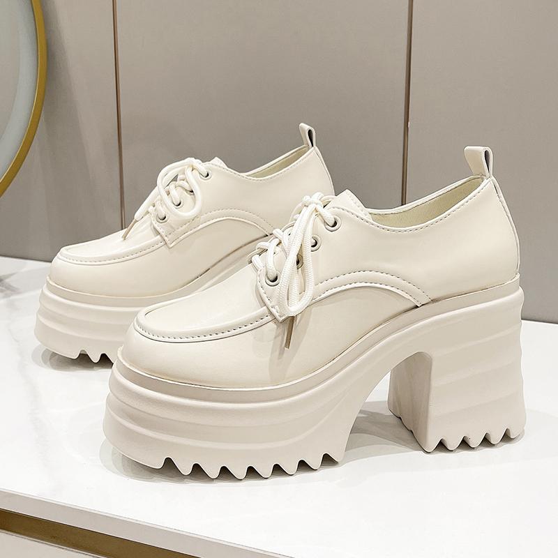 Fashion Black White Punk Rock Gothic Pumps Women Chunky Block High Heels Shoes Round Toe Lace Up Thick Platform Heel Shoes 2024