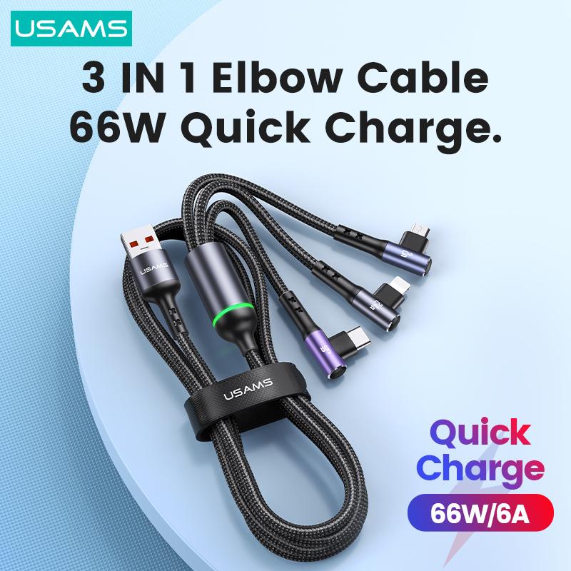 

USAMS 66W 3 в 1 Быстрая зарядка Данные Локоть Игровой кабель Тип C Micro USB Молния Кабель для iPhone Huawei Xiaomi Samsung OPPO Телефон
