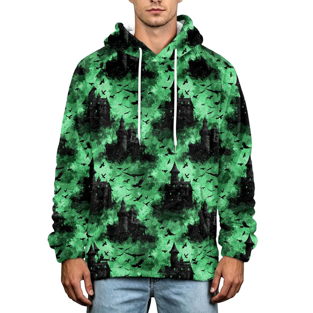 Men's Fall Winter Halloween Print Plus Size Hooded Flannel Sweatshirt Casual Trendy Streetwear