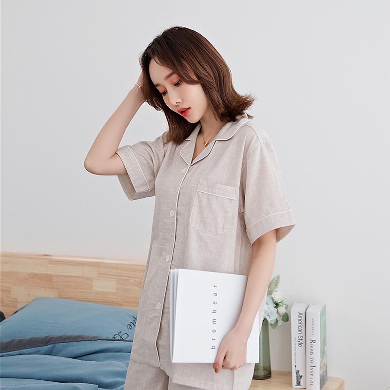 Summer Pure Cotton Minimalist Double Gauze Pajama Set: Short Sleeve Top & Long Pants, Seamless Design for Couples