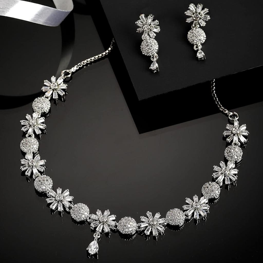 Rhodium Plated Silver Toned White American Diamond Studded Necklace with Earrings Jewellery Set for Women & Girls