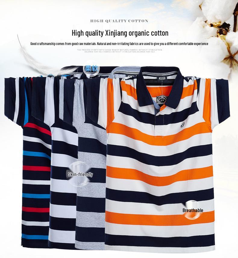 Men's 2025 Summer Striped Polo T-Shirt - Short Sleeve, Lapel, Loose Fit, Plus Size, Cotton