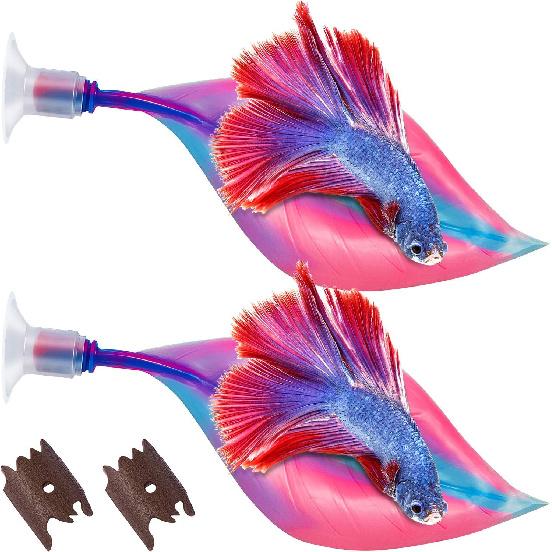 WILLBOND 2 Pcs Blue Pink Silicone Betta Fish Bed Leaf Hammock Betta Fish Tank Accessories Decorations for Aquarium Ornaments, Practical Resting Spot,