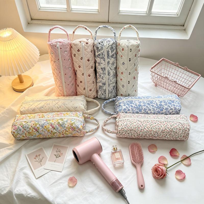 Quilted Hair Dryer Storage Bag With Cute Floral Print Portable Handle Large Capacity Carrying Case For Travel Bathroom Organizer