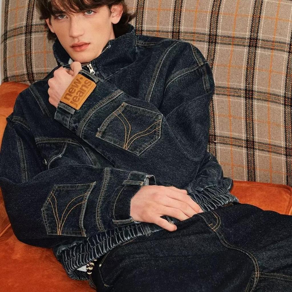 Men's Retro Denim Jacket - Washed, Distressed, Inverted Design, Trendy American Workwear Style.