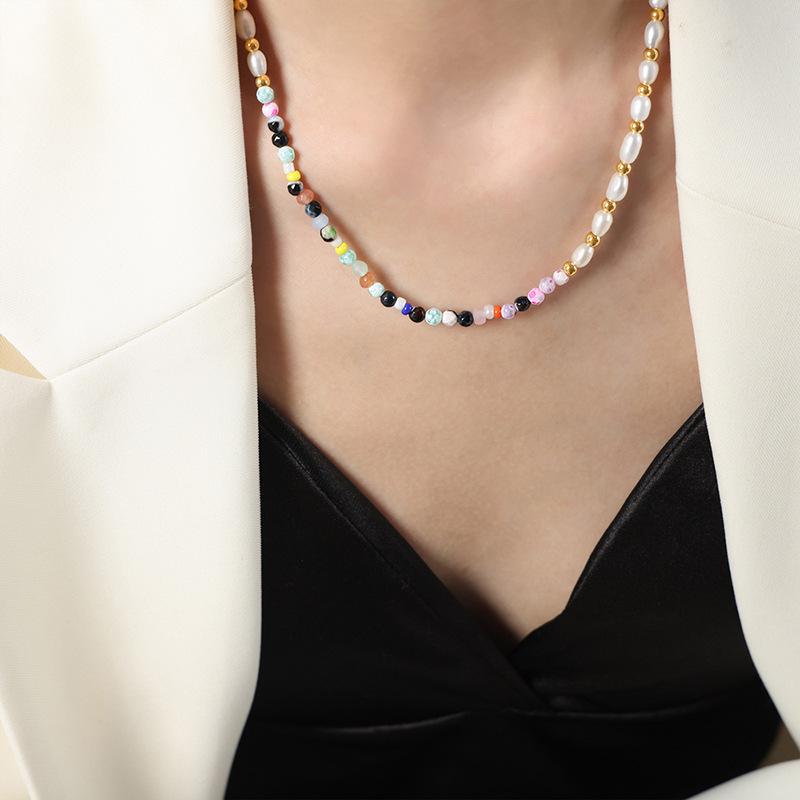 Handmade Natural Stone & Freshwater Pearl Clavicle Necklace