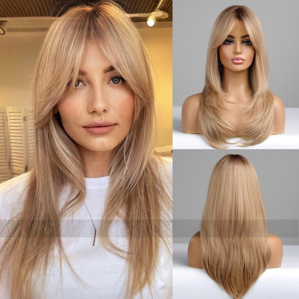 

Eight character bangs gradient golden hair curly tail high-temperature silk synthetic wig