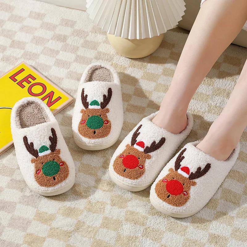 Fashion New Christmas Elk Cotton Slippers For Men Women Halloween Mask Home Slip Resistant Couples Indoor Plush Cotton Shoes In Winter