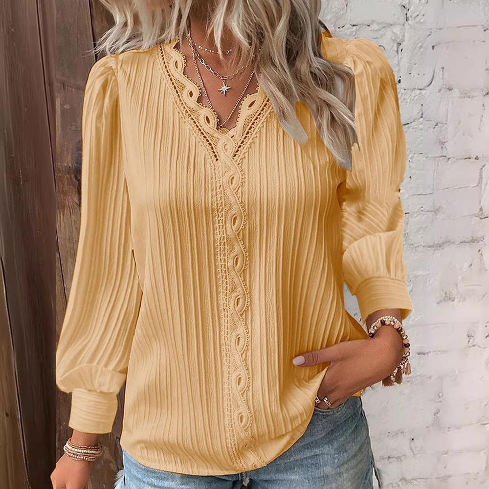 Elegant Hollow Lace Patchwork Women Shirt Chic Long Sleeved V-neck Design Fashion Shirt Plain Lace Casual Basic Regular Tops