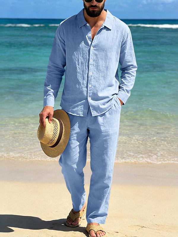 Men's Spring Autumn Linen Suit: Long Sleeve Loose Casual Shirt & Straight Leg Pants