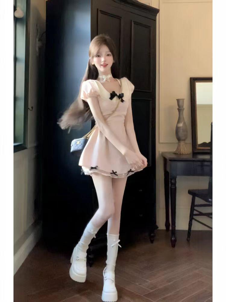 Love daughter style short skirt summer waist thin design sense pure desire sweet bow temperament dress women