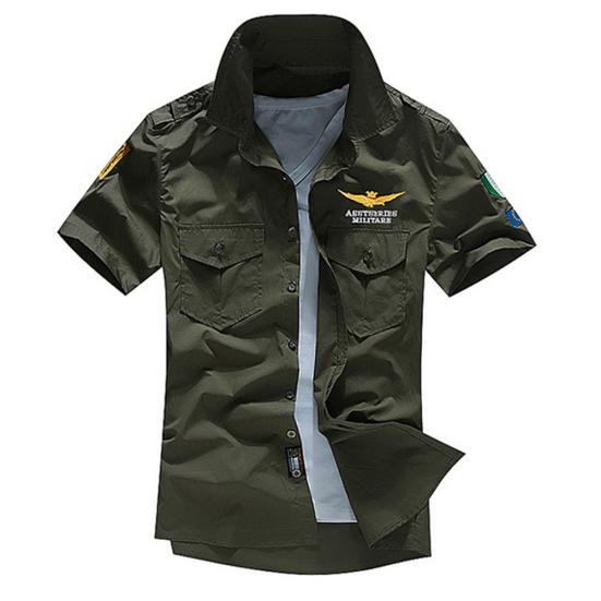 Military Men Letter Embroidery Patch Pocket Slim Button Down Short Sleeve Shirt