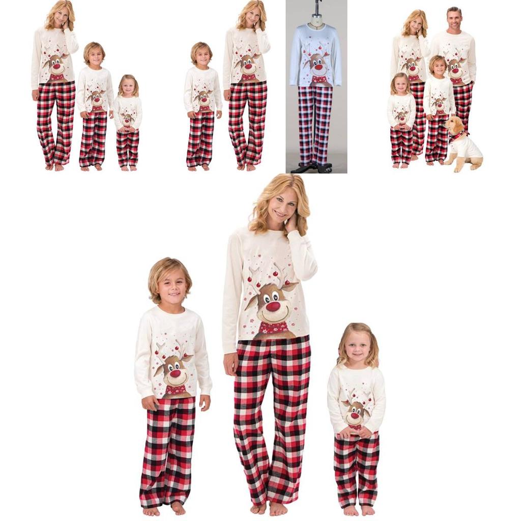 Stylish Christmas-themed Cotton Pajamas For Adults And Kids Long Sleeve 2-piece Set