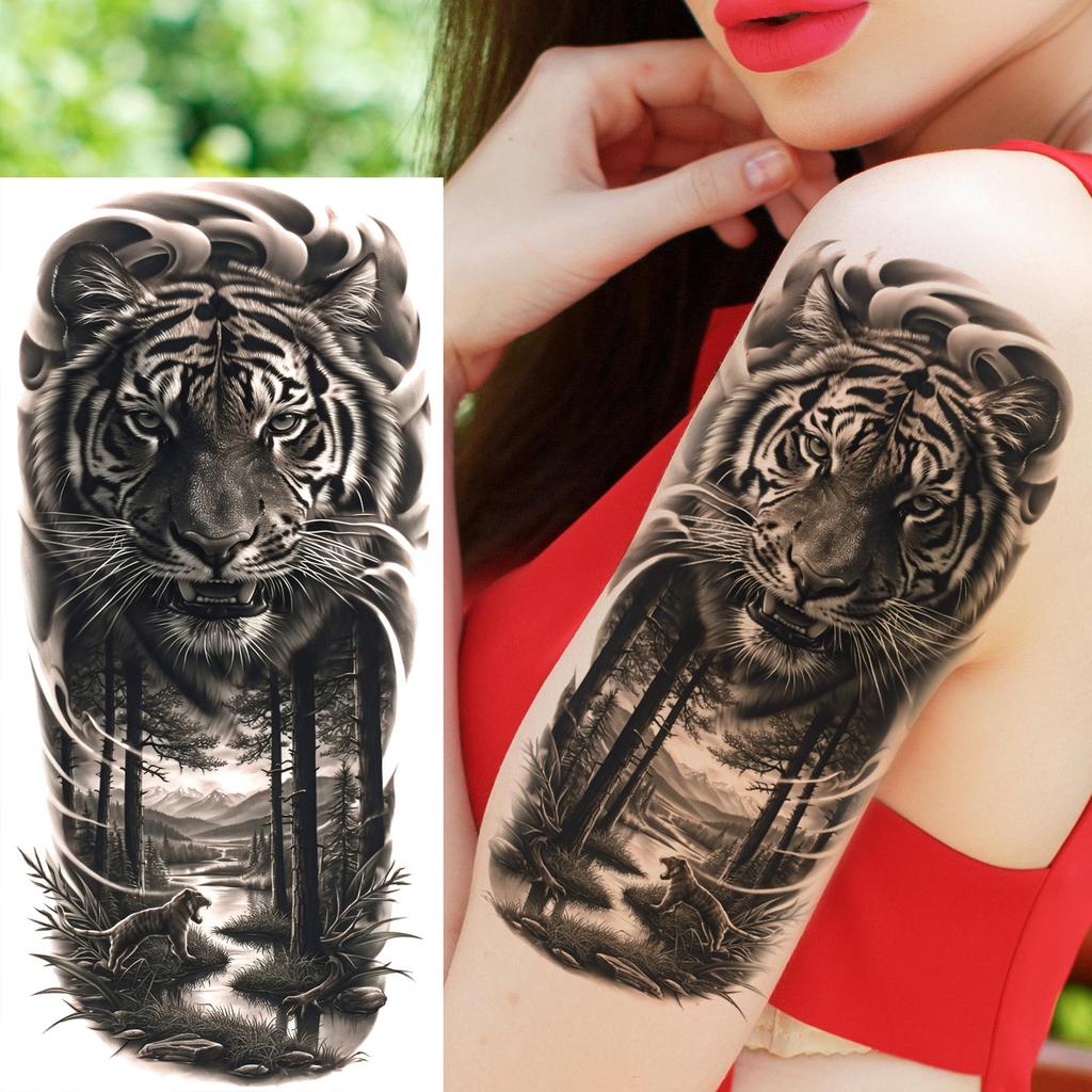 1 Sheet Realistic Fake Tiger Temporary Tattoos Sticker For Men Women Adults Water Transfer Transferable Tattoo Sleeve Waist Arm