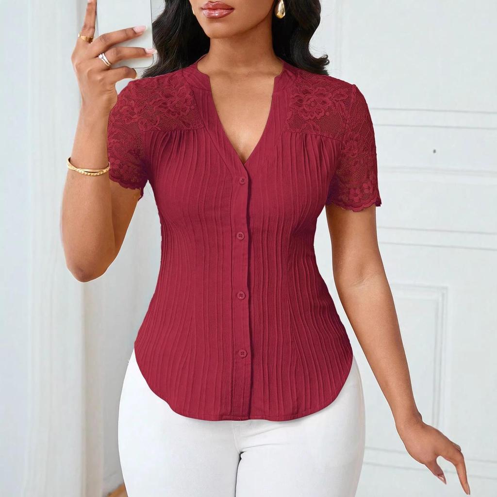 Women's Summer V-neck Embroidered Hollow Short-sleeve Shirt