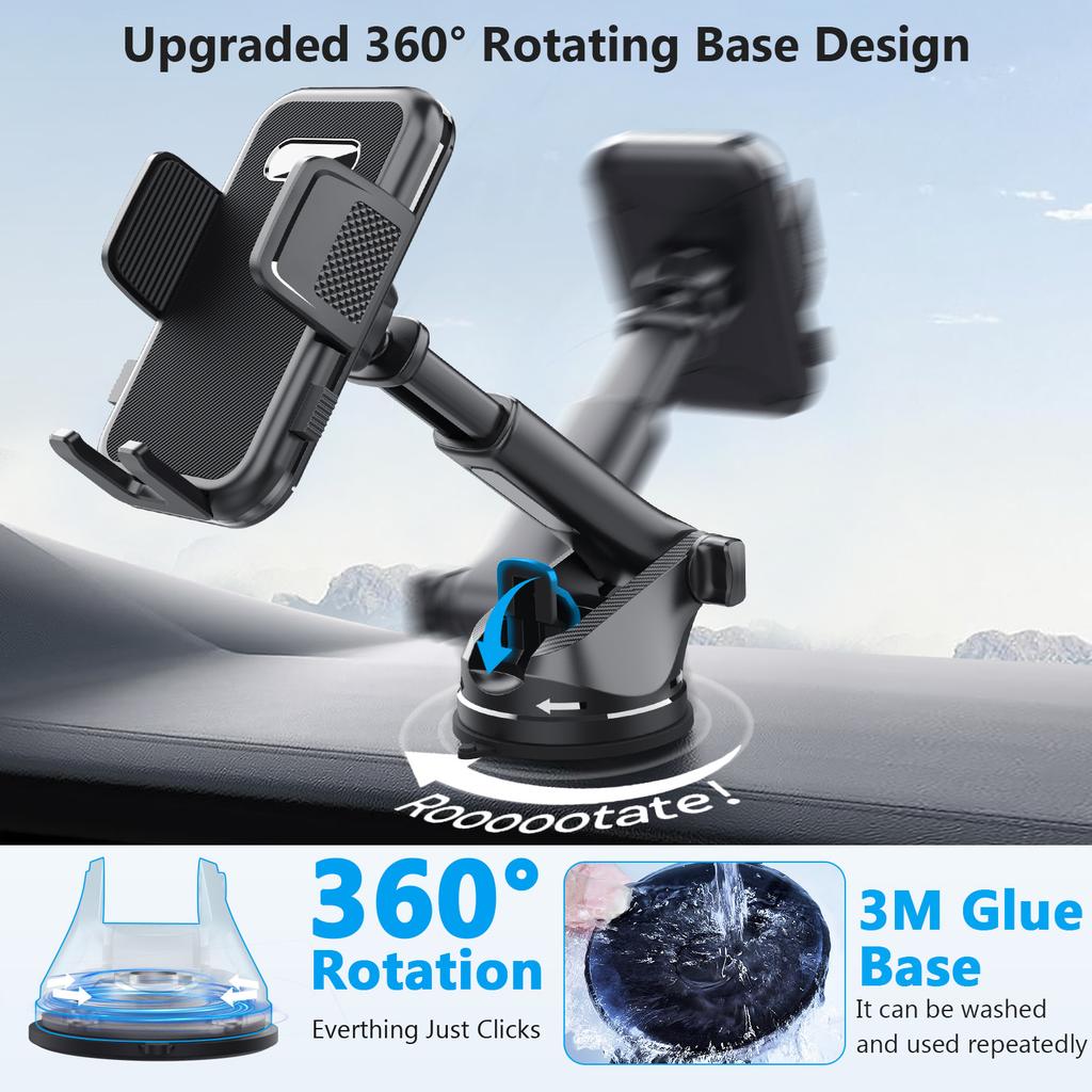 ML239 360 Degree Rotating Car Phone Mount with Telescopic Arm Suction Cup Base Cellphone Holder