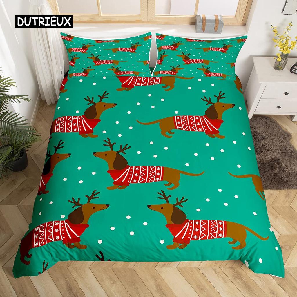 Cartoon Dachshund Bedding Set Cute Sausage Dog Duvet Cover Set Pet Puppy Printed Comforter Cover Animal Polyester Quilt Cover
