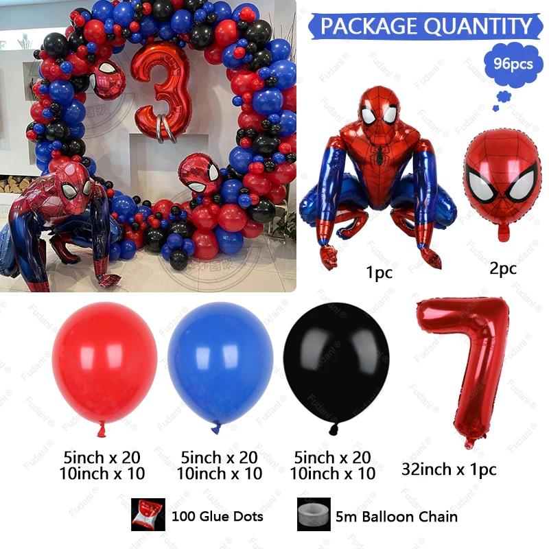 96pcs Kids Birthday Red Blue Balloons Garland Arch Kit For Party Decors Age 1-9th Spiderman 3D Marvel Foil Balloons Air Globos