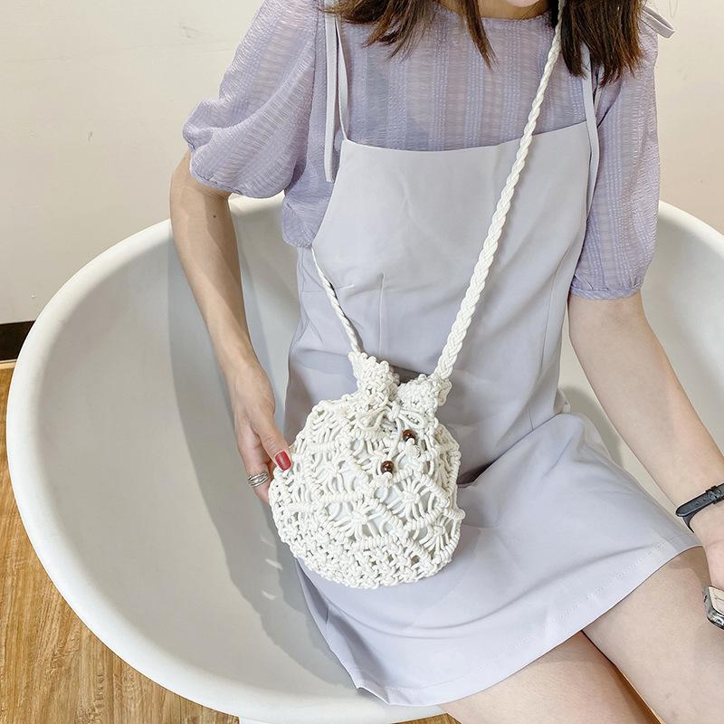 Yogodlns Cotton Rope Bucket Shoulder Bag For Women Handamade Woven Summer Beach Drawstring Crossbody Bag