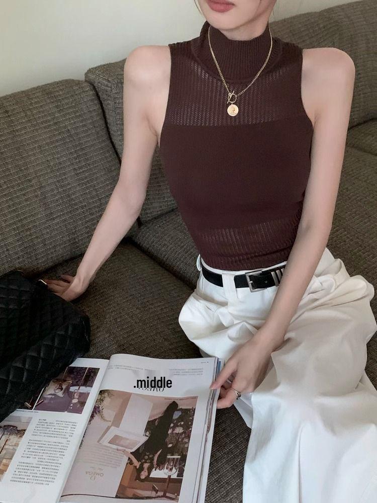 Summer Slim Spaghetti Strap Hollow Out Top Women's High Neck Knitted Vest