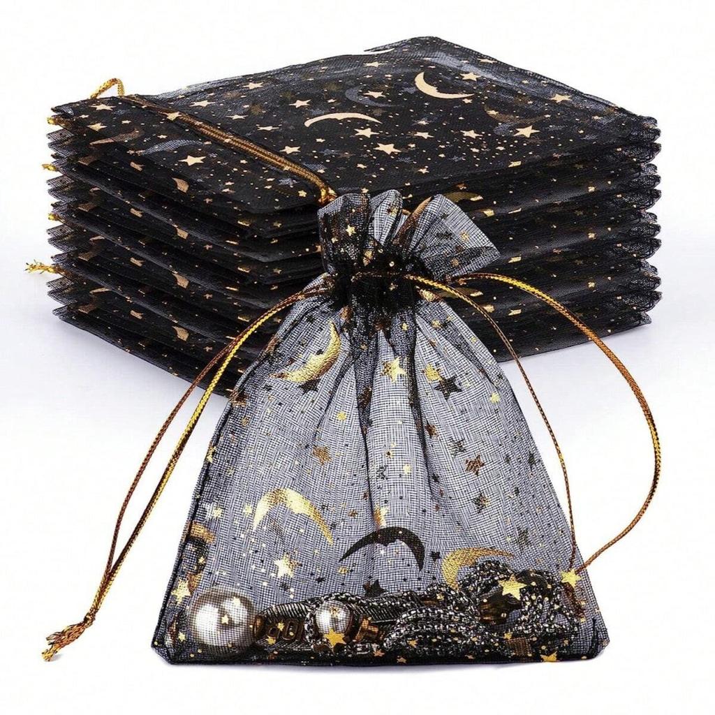 10-60Pcs Moon Stars Drawstring Organza Bags Jewelry Gift Bags Pouches Gold Star Organza Favor Pouches for Valentine's Day Weddin