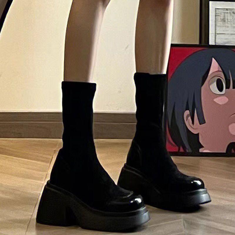 Height-increasing thick-soled Martin boots for women's spring and autumn new fashionable versatile ins set of boots, thin boots, elastic boots