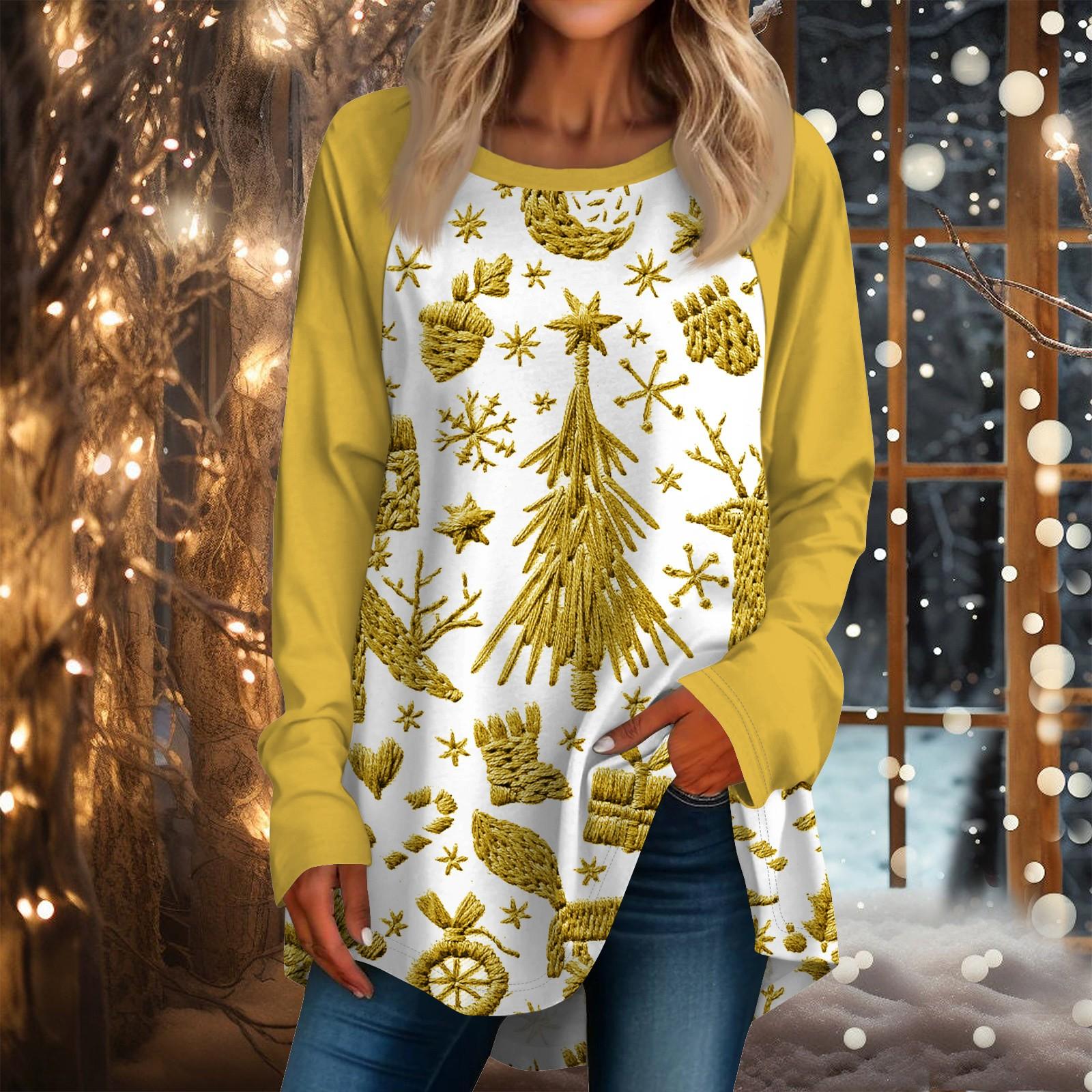 

Женская повседневная футболка больших размеров с длинными рукавами и круглым вырезом с рождественским принтом, топ, пуловер XL жёлтый