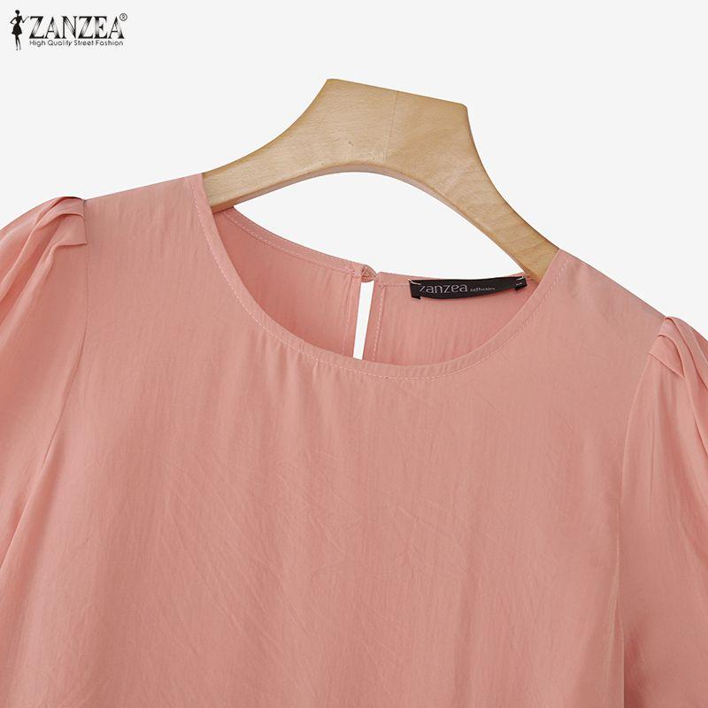 ZANZEA Women Casual Round Neck Solid Color Short Sleeve Blouse