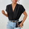 Women's Fashionable Casual Solid Color V-Neck Pleated Short-Sleeved Jumpsuit