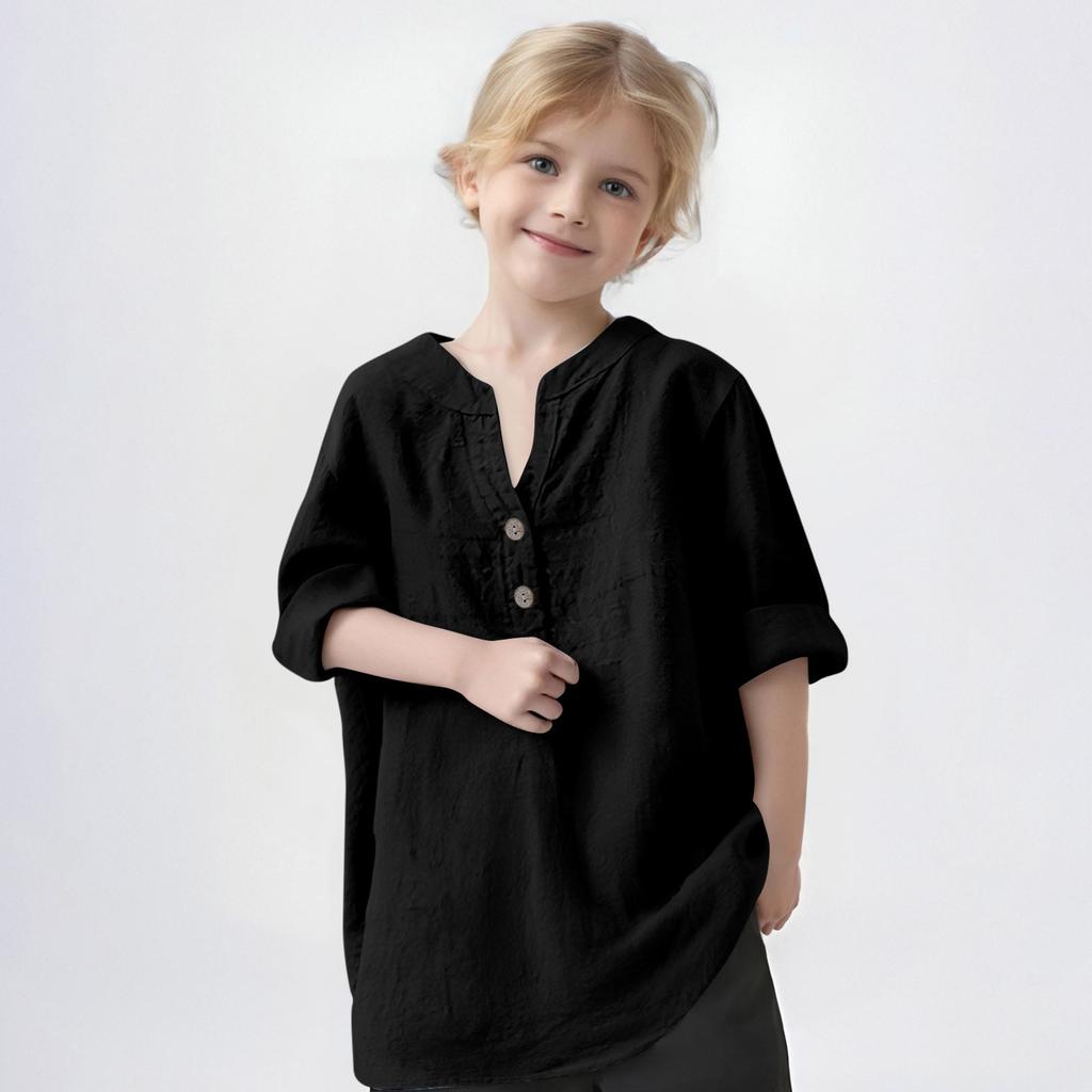 Kinder Baumwolle Hanf Stehkragen Aufrollbar Langarm Rundhals T-Shirt Unifarben Alltäglich Lässiges Hemd