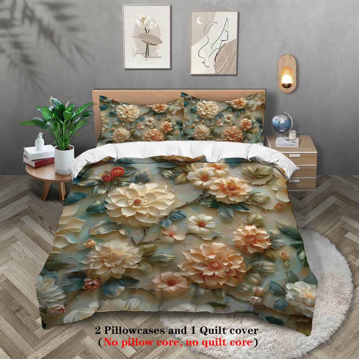 

Three-Dimensional Flower Three-Piece Set, Bedding Plant Flower 3D Digital Printing Abrasive Pillowcase Quilt Cover 135x200cm