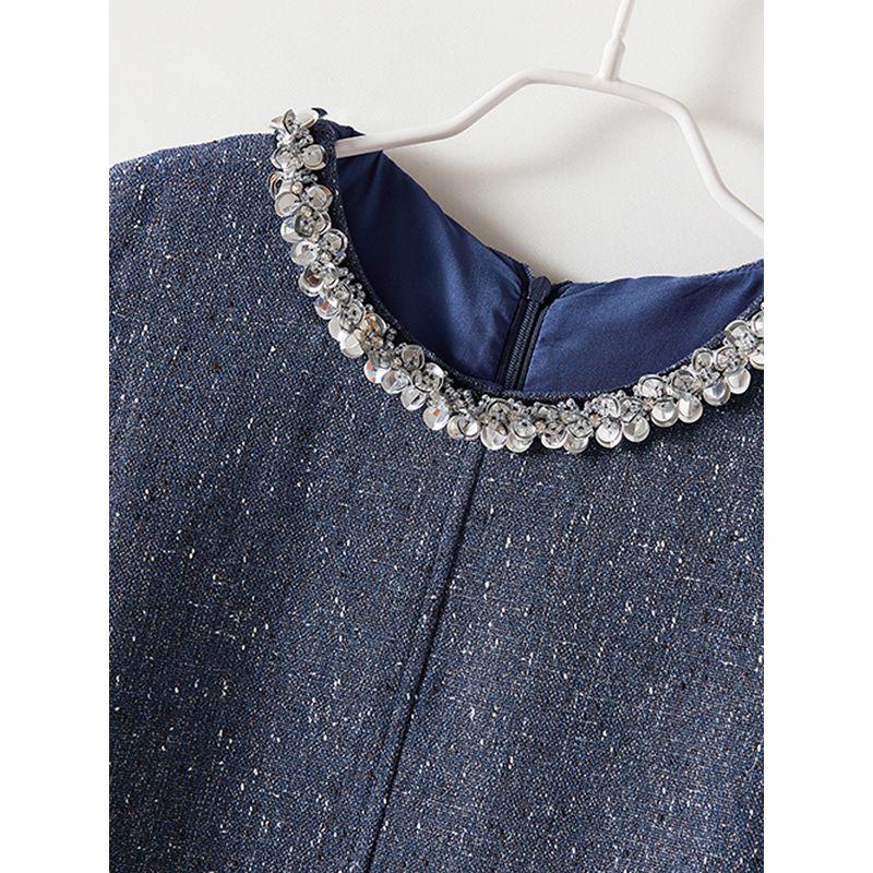 Super White Navy Blue Vest Dress! Elegance Women's Large Rhinestone Round Neck Small A- Line Woolen Dress Fall and Winter