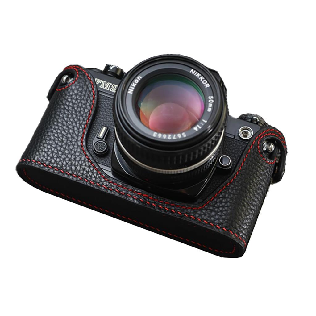 Funper Nikon FM2 Handgefertigte Echtes Leder Volle Kameratasche Hülle (Schwarz + Rot)