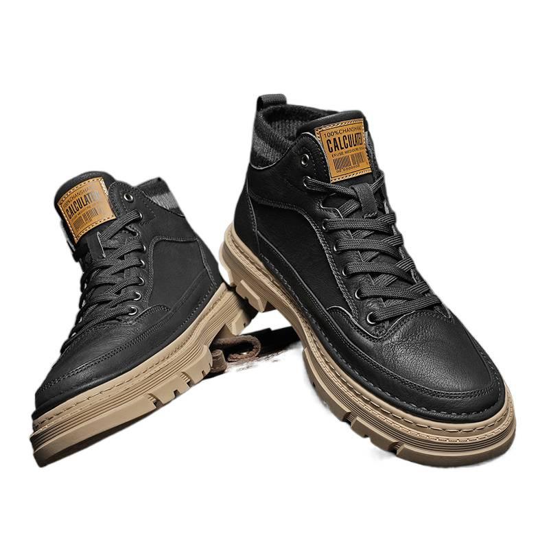 High-top autumn new leather shoes casual black Martin boots velvet cotton shoes trendy shoes
