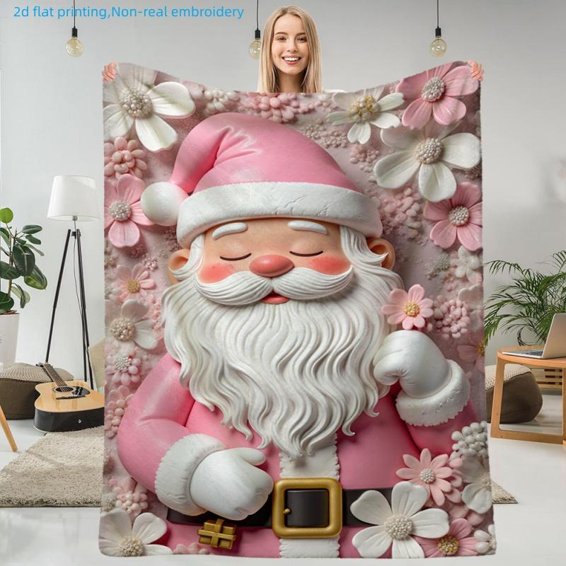 1pc Santa Claus Print Blanket, Pink Floral Pattern, Multiple Sizes Available, Autumn Thanksgiving Christmas Nap Blanket, Suitable for Living Room, Bed
