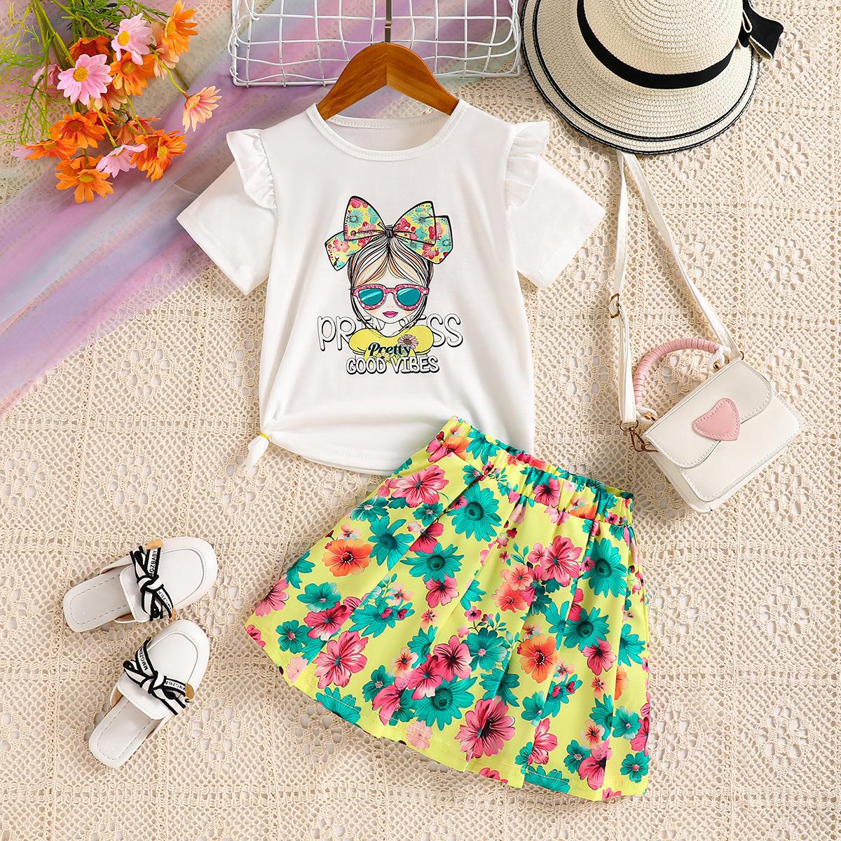 

Костюм для девочек, летняя футболка с короткими рукавами, плиссированная юбка с цветочным принтом, комплект из двух предметов, детский летний костюм 5Y белый