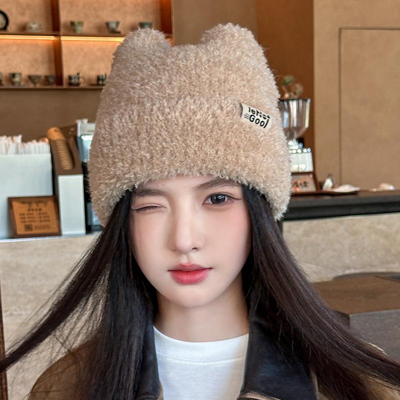 Front And Back Wearing Cat Ears Knitted Hat Children'S Season Fleece Thickened Cold-Proof Headgear Warm Ear Protective Wool Hat