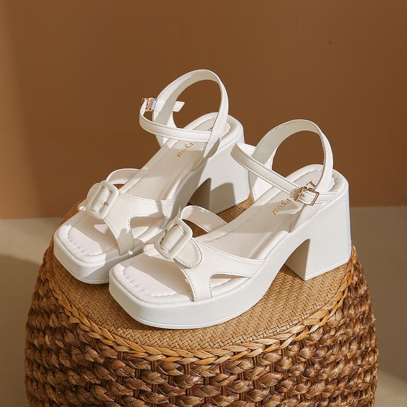Fashion Women's Thick Sole Sandals Solid Color Casual Shoes One Line Buckle High Heel Sandals Women's Wedge Shaped Fish Mouth Shoes