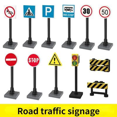 10Pcs Traffic Road Sign Light Lamp Block Brick City Street View Accessories Signpost Barrier Speed Limit Indicator Warning
