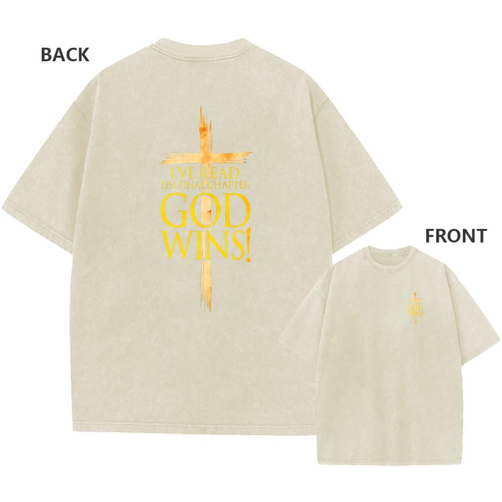 Mens Vintage Oversized Washed TShirt Cotton God Wins Faith Cross Casual Tee