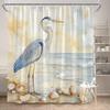1Pc Polyester Shower Curtain - Realistic Coastal Heron Beach Scene, Soft Pastel Horizon, Machine Washable, Woven, 12 Hooks