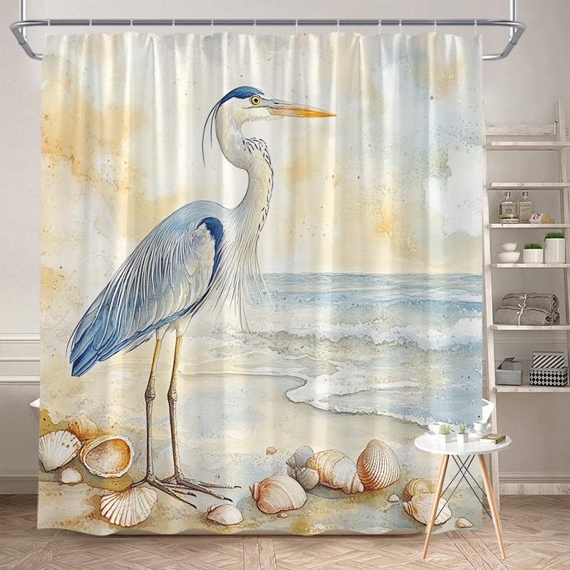 1Pc Polyester Shower Curtain - Realistic Coastal Heron Beach Scene, Soft Pastel Horizon, Machine Washable, Woven, 12 Hooks