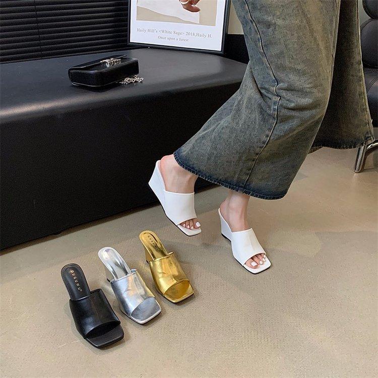 2025 spring and autumn new square head simple sandals stiletto high heels one-word slippers women wear fashion cool