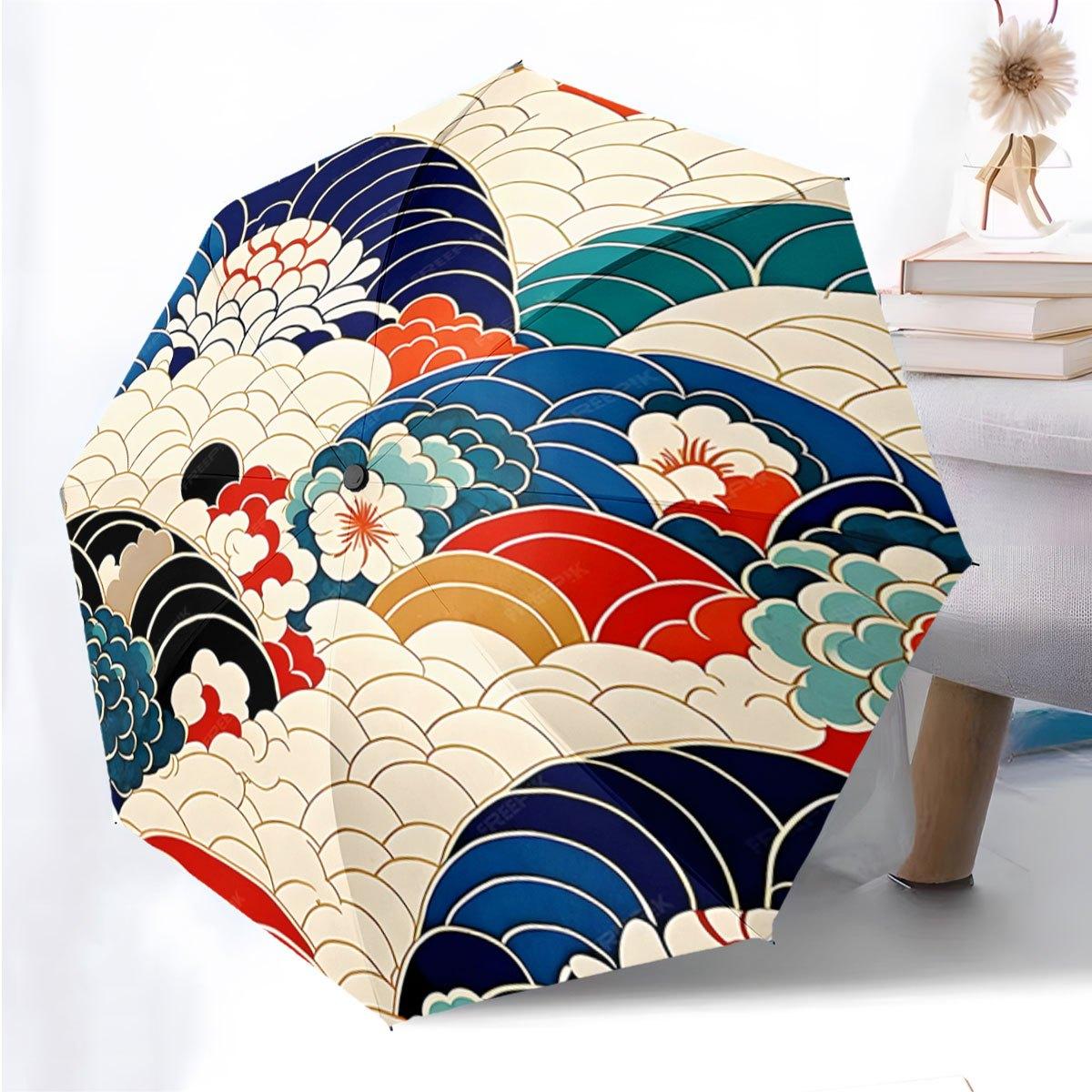 

Automatic Folding Umbrella The Umbrella Features a Pattern of Overlapping Colorful Waves And Clouds. Portable Collapsible Design, Casual Out