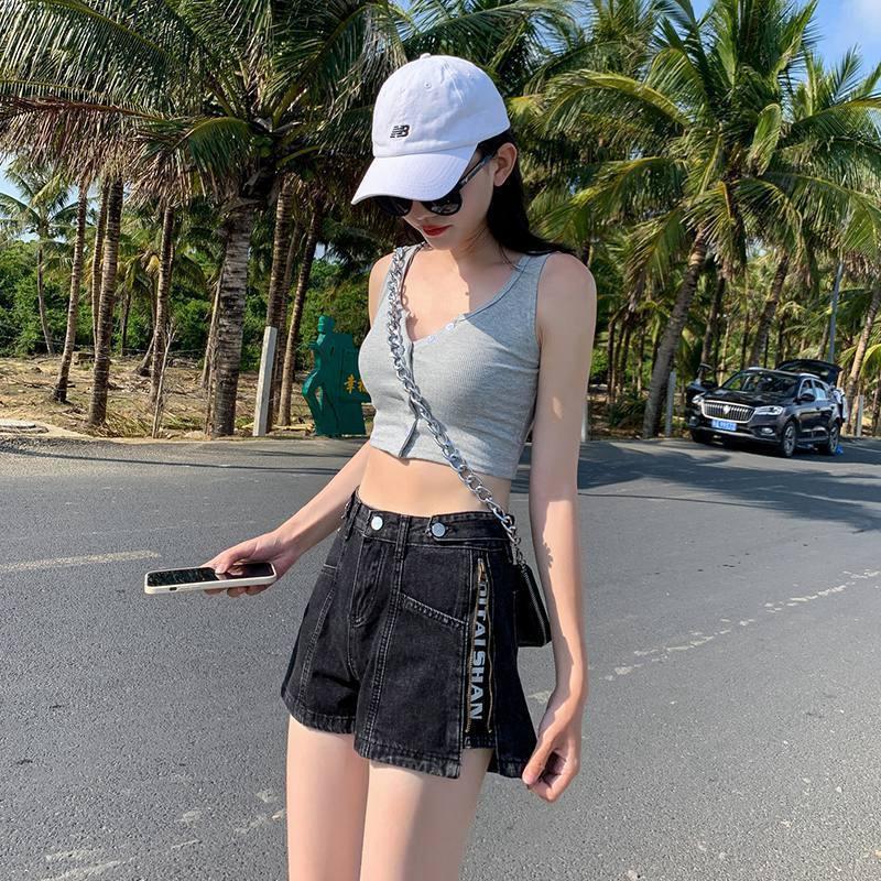 Youthful Comfortable Skinny Fashionable and Versatile Thin Section Denim Shorts Women Summer Side Zipper Straight High Waist A Letter Wide Leg Pants